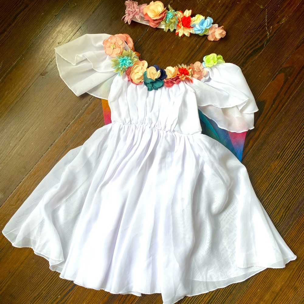 Glamour dance ballet/lyrical costume. White with flowers and rainbow bow in back